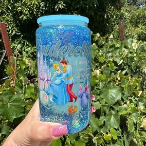 Cinderella glitter Snow Globe glass tumbler 16oz comes with lid and straw